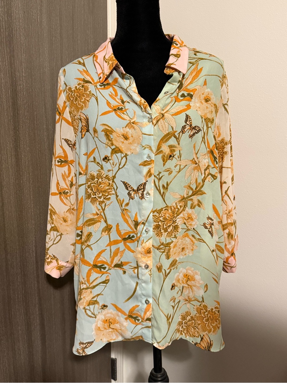 Rose & Olive Mint Floral Button-Down Blouse with Peach Accents
